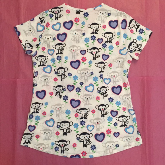 Happy Scrubs Monkeys Hearts Flowers Top Size Small - Picture 2 of 4